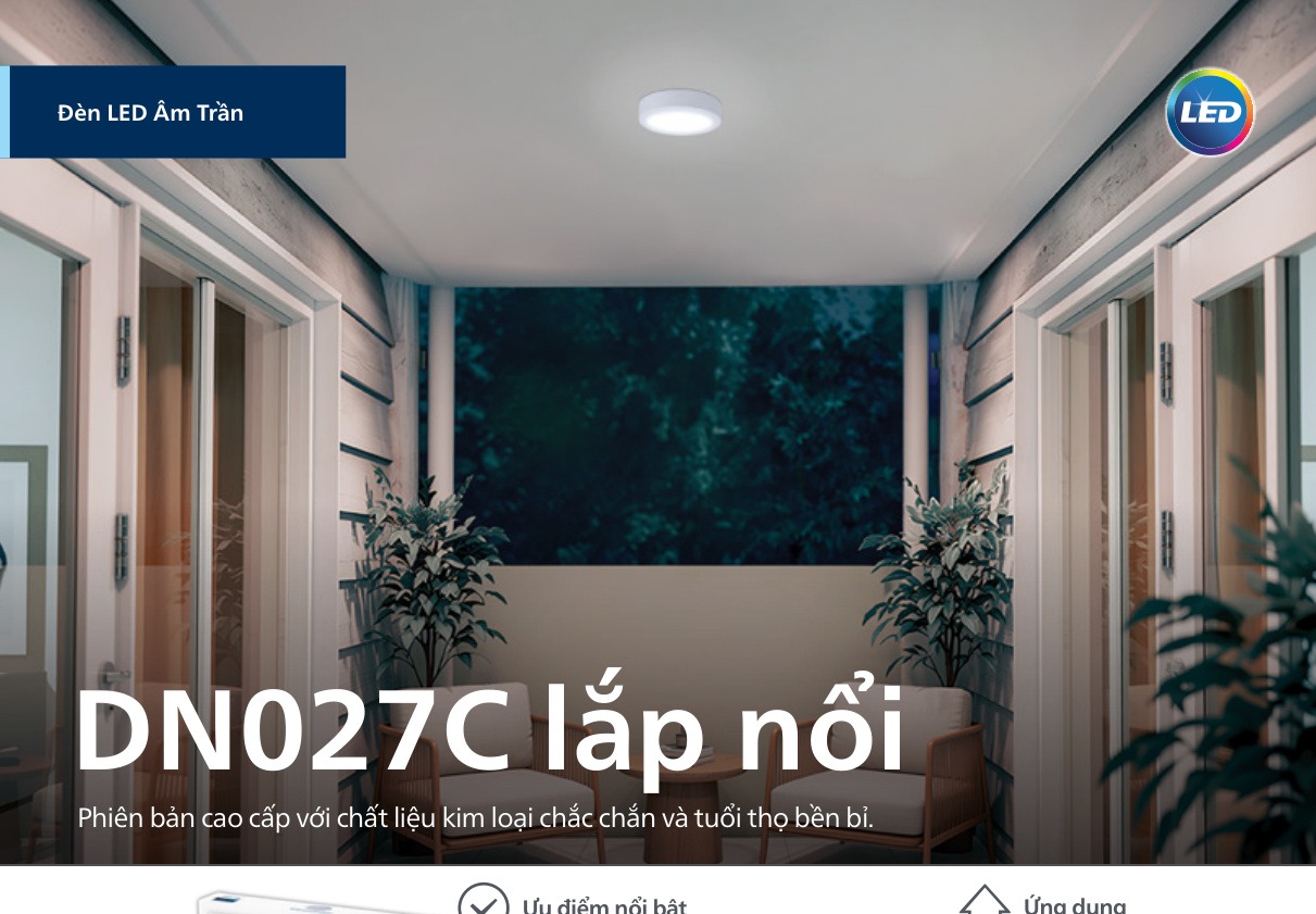 Đèn LED ốp nổi trần bê tông Philips DN027C tròn vuông và dòng Meson Trimless tràn viền